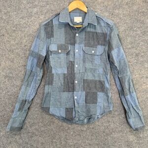 Band of Outsiders Patchwork Chambray Button Shirt Mens Small 1 Blue Gray Vogue